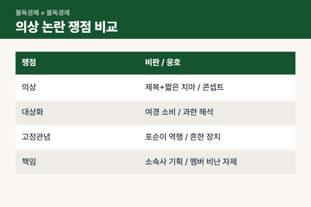 아일릿 의상 논란 비판과 옹호 의견 비교표