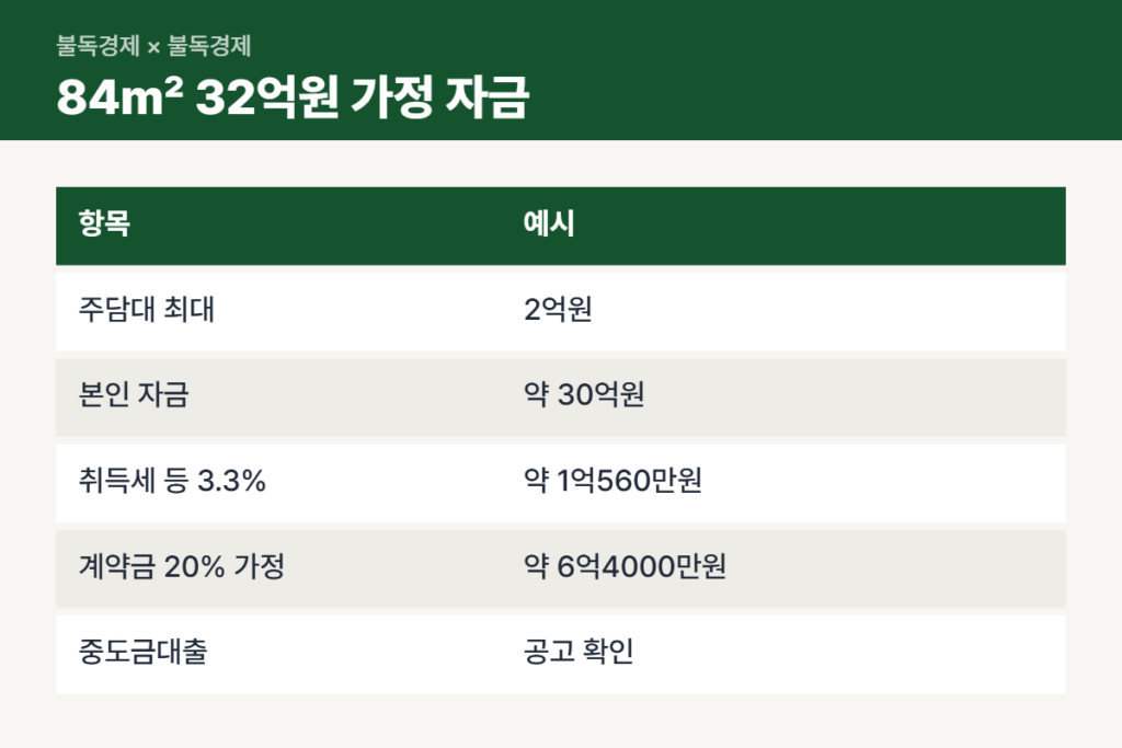 디에이치 반포124 청약 84㎡ 자금 계획 예시 비교표