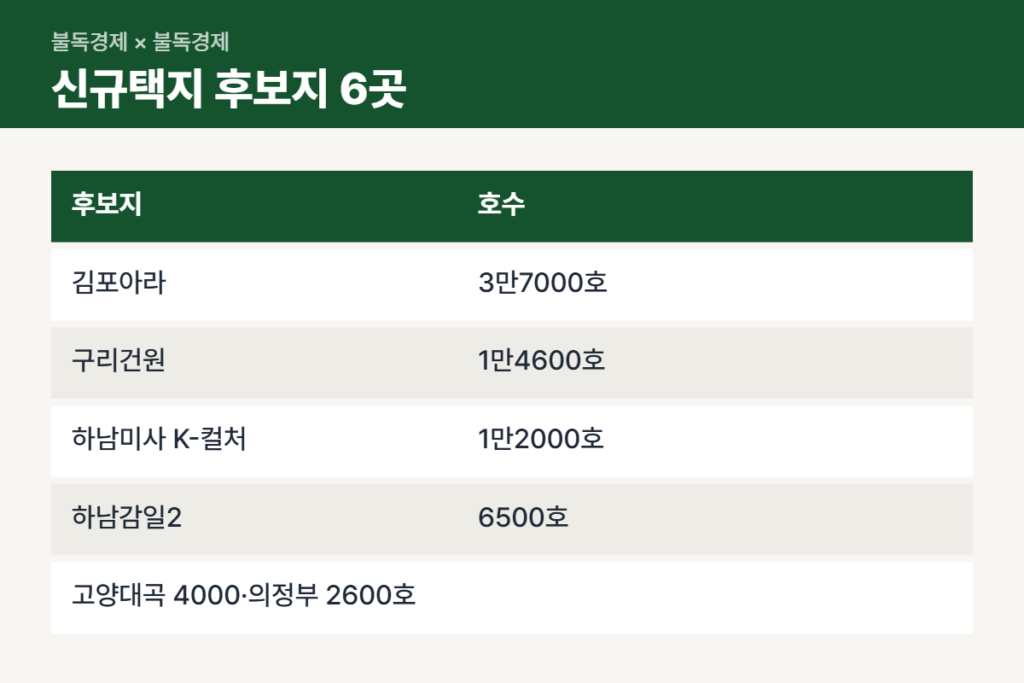 수도권 신규택지 후보지 6곳 호수 비교표