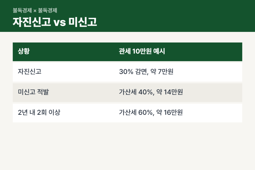 면세한도 넘었을 때 자진신고와 미신고 비교표